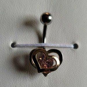 Gold & Steel Two-Tone Double Heart CZ 316L Surgical Steel Belly Button Ring Pink